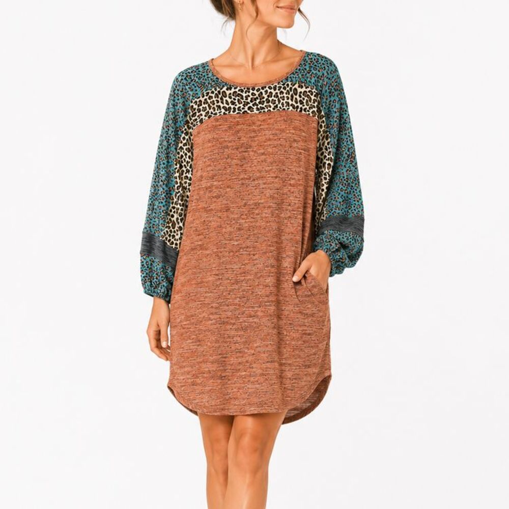 Umgee USA Small Tunic Dress Animal Print Colorblock Pocket Boho Shift Small - Picture 1 of 10
